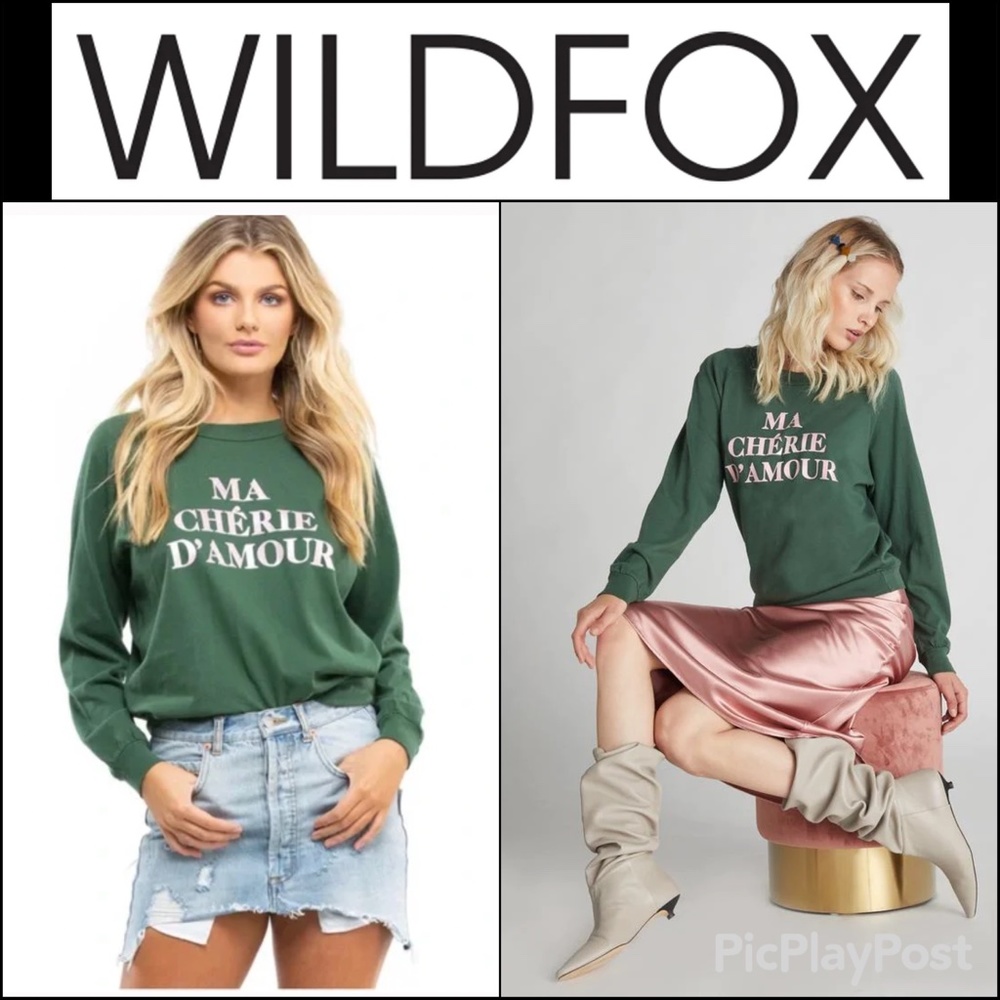 WILDFOX Ma Cherie D'Amour Fiona Waist Line Crop  Sweatshirt Top XS Green Pink